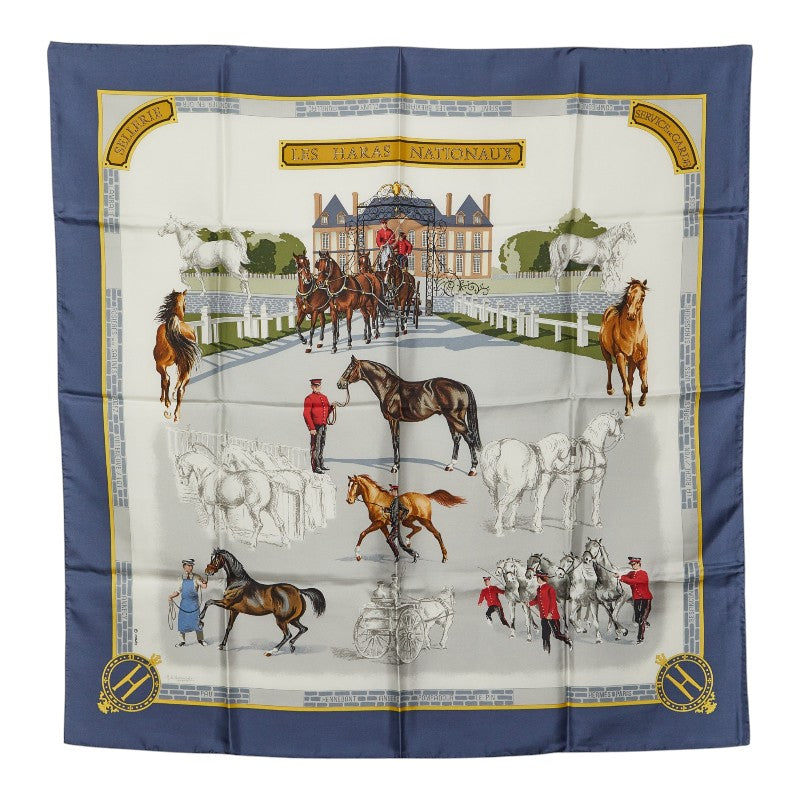 エルメス カレ90 LES HARAS NATIONAUX 国立種馬飼育場 スカーフ ライトブルー マルチカラー レディース HERMES 【中古】