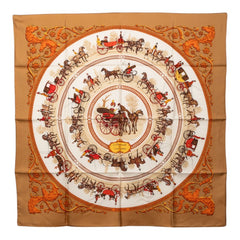 エルメス カレ90 LA PROMENADE DE LONGCHAMPS ロンシャンへの散歩 スカーフ ブラウン マルチカラー シルク レディース HERMES 【中古】