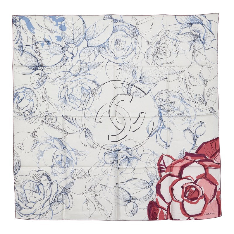 シャネル ココマーク カメリア フラワー 花柄 スカーフ ホワイト マルチカラー シルク レディース CHANEL 【中古】