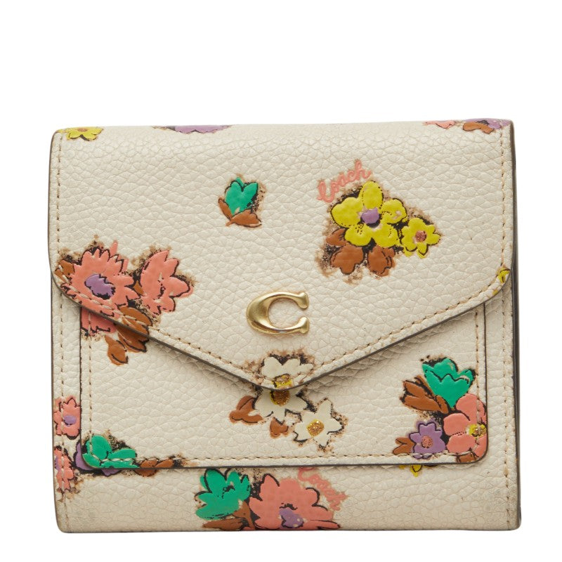 コーチ ウィン スモール ウォレット フローラル 三つ折り財布 アイボリー マルチカラー レザー レディース COACH 【中古】