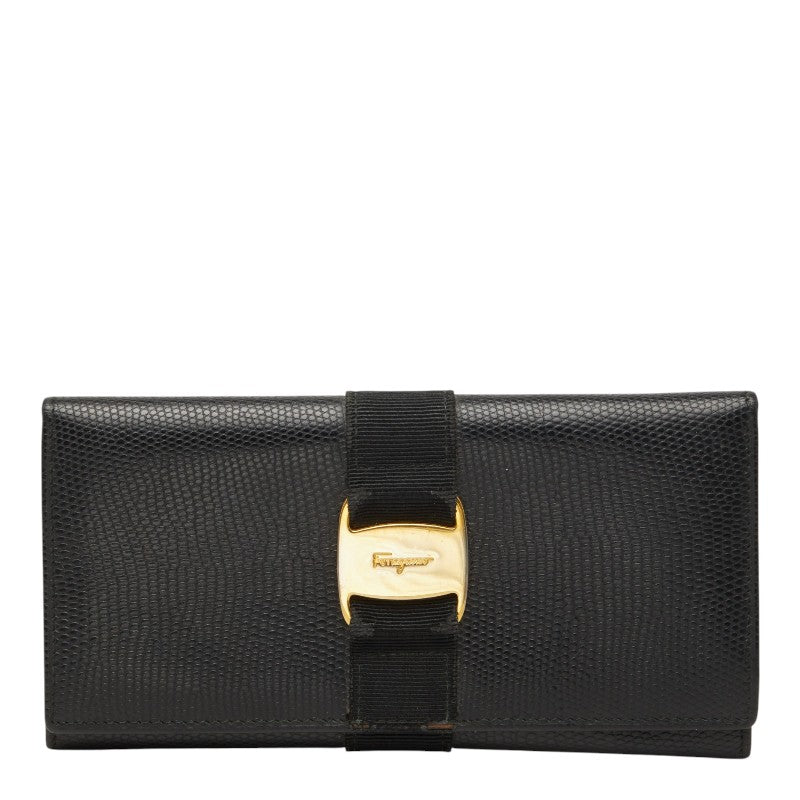 サルヴァトーレフェラガモ ヴァラ リザード型押し 長財布 ブラック レザー レディース Salvatore Ferragamo 【中古】