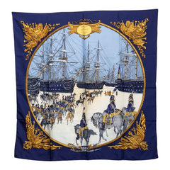 エルメス カレ90 MARINE ET CAVALERIE 海と騎兵隊 スカーフ 大判 ブルー系 シルク レディース HERMES 【中古】