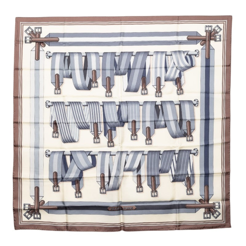 エルメス カレ90 Les Sangles サングル スカーフ 大判 ブラウン ベージュ グレー シルク レディース HERMES 【中古】