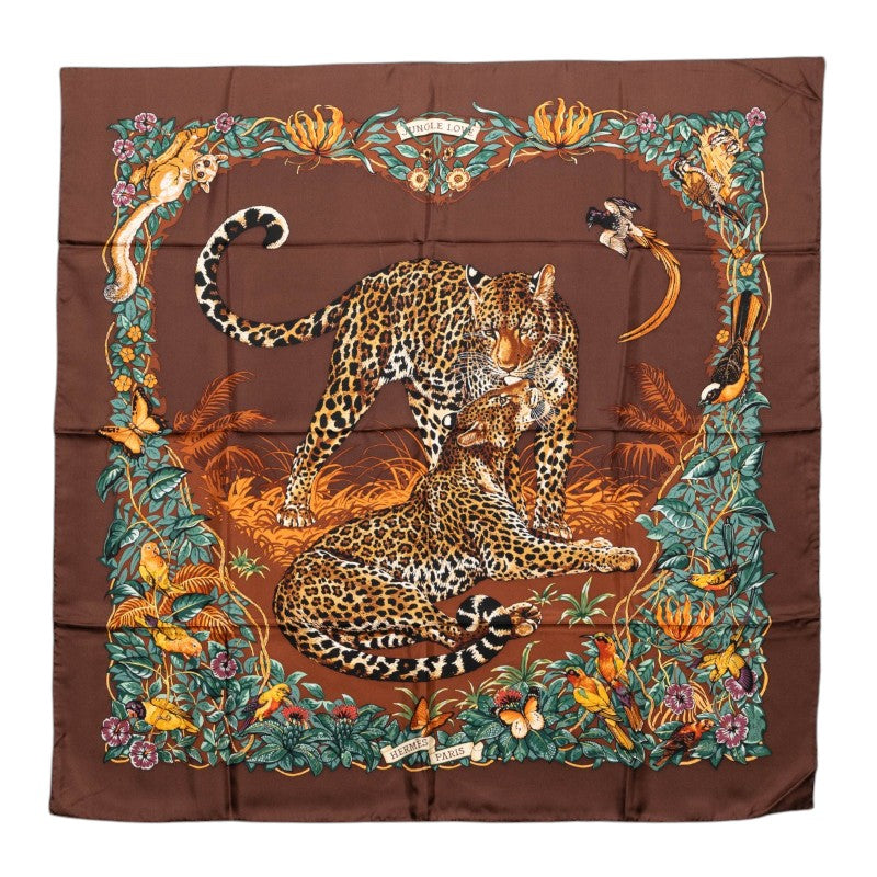 エルメス カレ90 Jungle Love ジャングル ラブ スカーフ 大判 ブラウン系 シルク レディース HERMES 【中古】