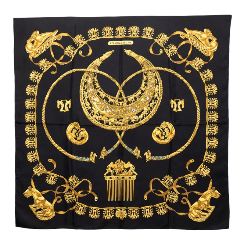 エルメス カレ90 LES CAVALIERS D’OR 黄金の騎士 スカーフ ブラック ゴールド シルク レディース HERMES 【中古】