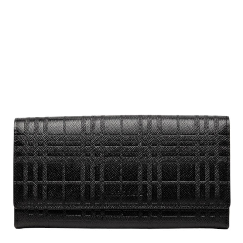 バーバリー エンボスチェック ロングウォレット 長財布 がま口 ブラック レザー レディース BURBERRY 【中古】