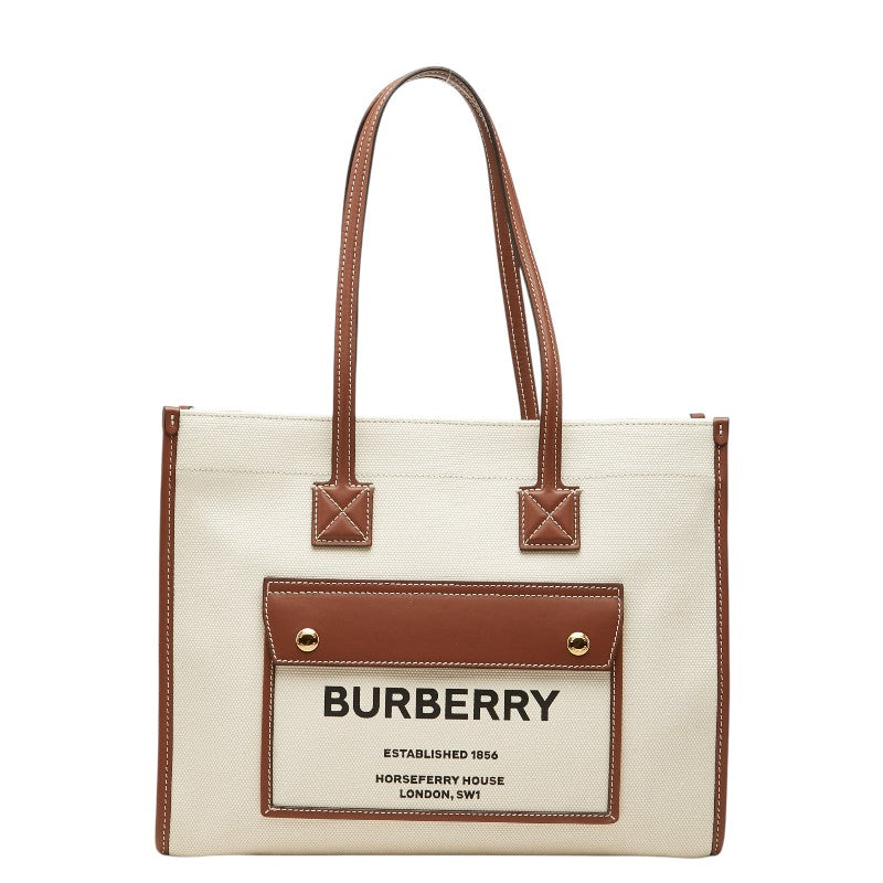 バーバリー スモール フレイヤ トートバッグ ショルダーバッグ 8044138 アイボリー ブラウン キャンバス レザー レディース BURBERRY 【中古】
