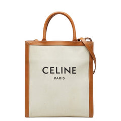 セリーヌ バーティカル カバ スモール ハンドバッグ ショルダーバッグ 2WAY アイボリー ブラウン キャンバス レザー CELINE 【中古】