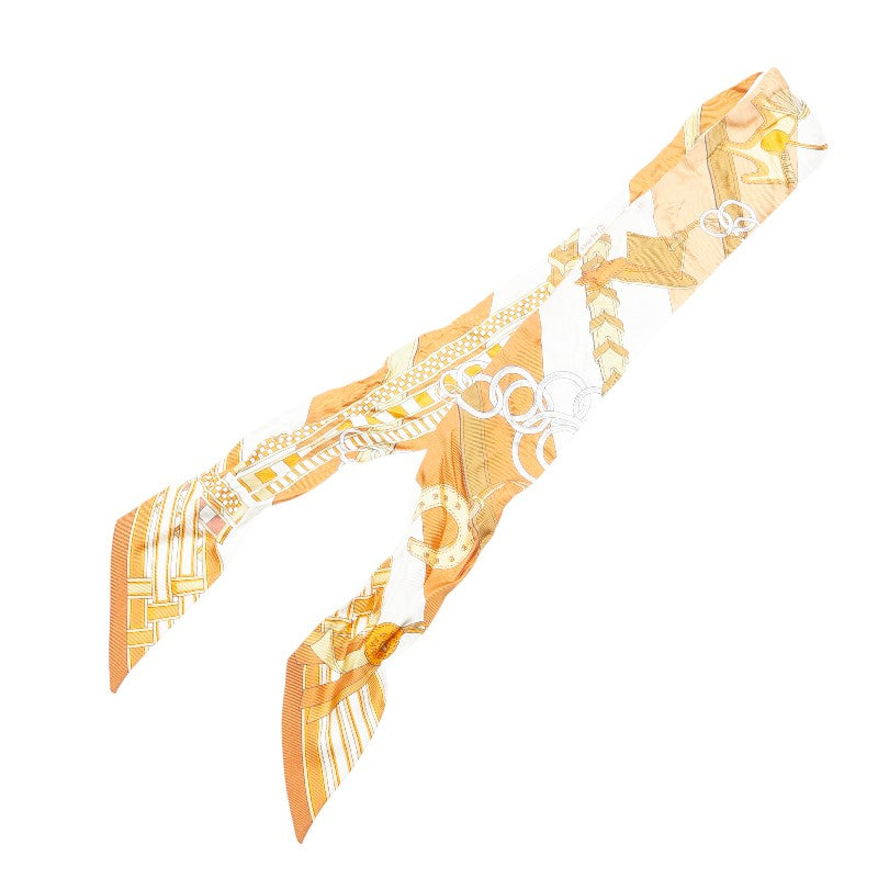 エルメス ツイリー BRIDES ET GRIS GRIS 馬勒とチャーム スカーフ キャラメル ホワイト ブロンズ シルク レディース HERMES 【中古】