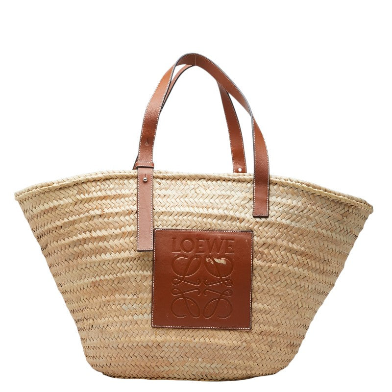 ロエベ クラシック バスケット ラージ トートバッグ ショルダーバッグ ベージュ ブラウン ラフィア カーフ レディース LOEWE 【中古】