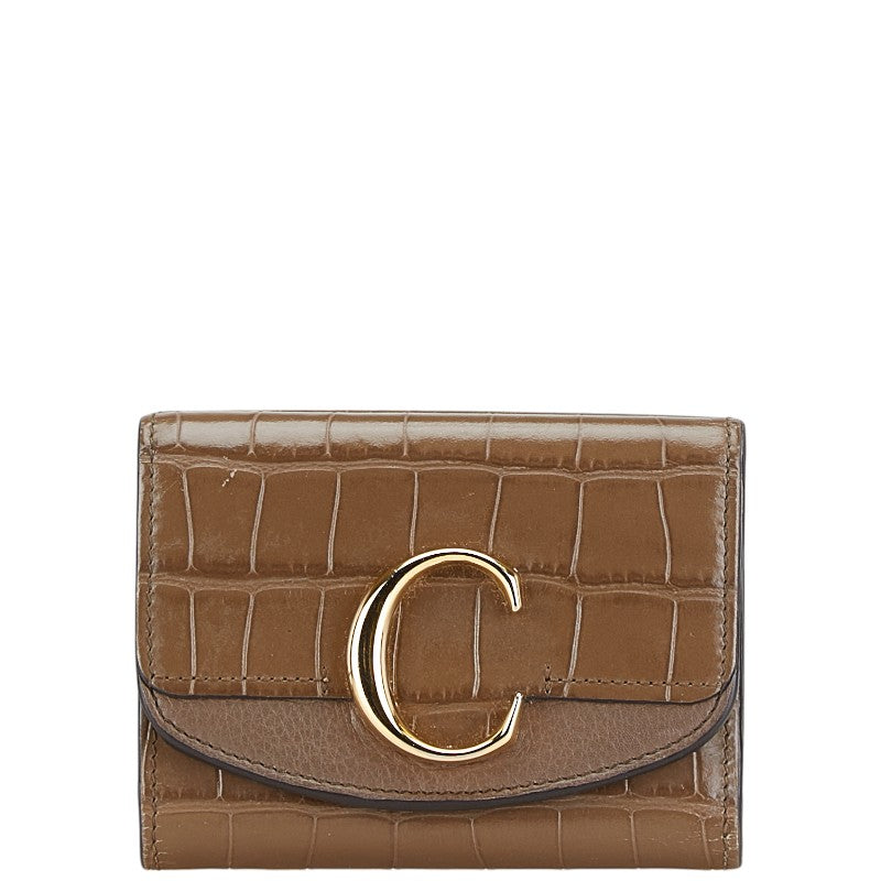 クロエ クロコ型押し 三つ折り財布 ブラウン レザー レディース Chloe 【中古】
