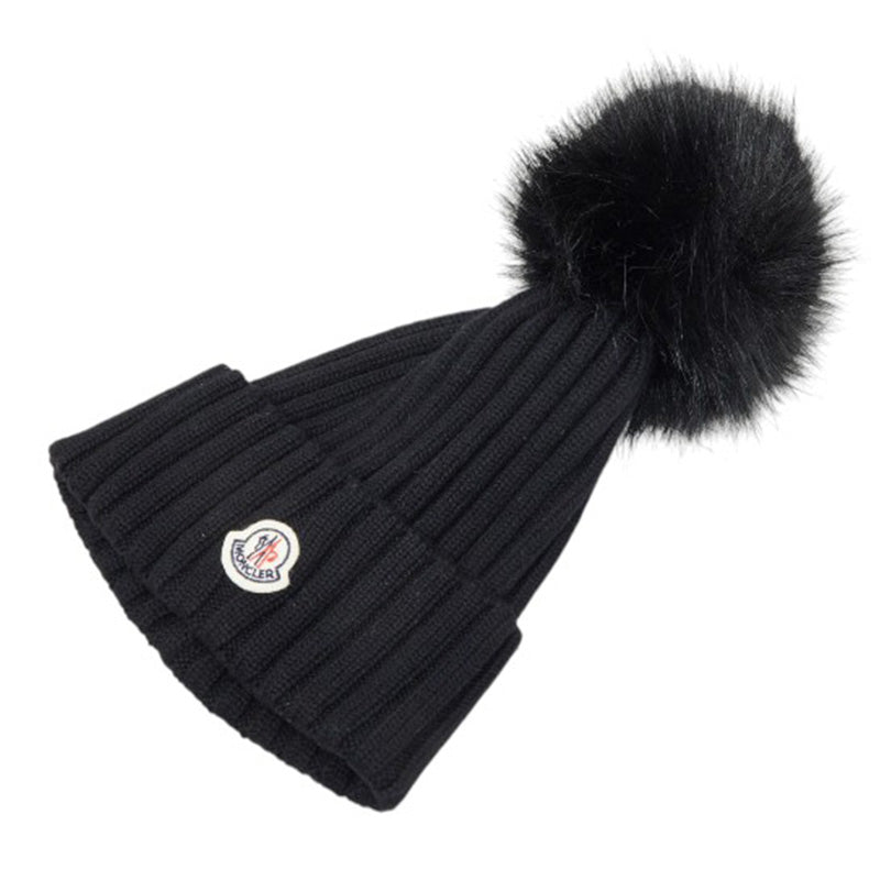 モンクレール ロゴ ポンポン付き ニットキャップ ニット帽 ブラック ウール レディース MONCLER 【中古】