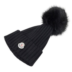 モンクレール ロゴ ポンポン付き ニットキャップ ニット帽 ブラック ウール レディース MONCLER 【中古】
