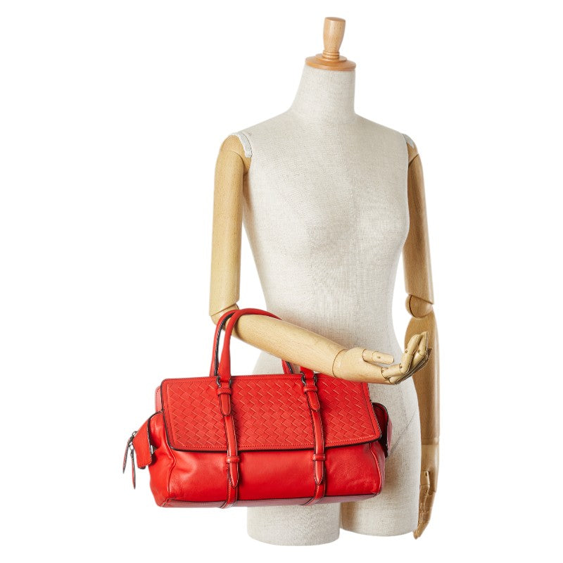ボッテガヴェネタ イントレチャート モナコバッグ ハンドバッグ レッド レザー レディース BOTTEGAVENETA 【中古】