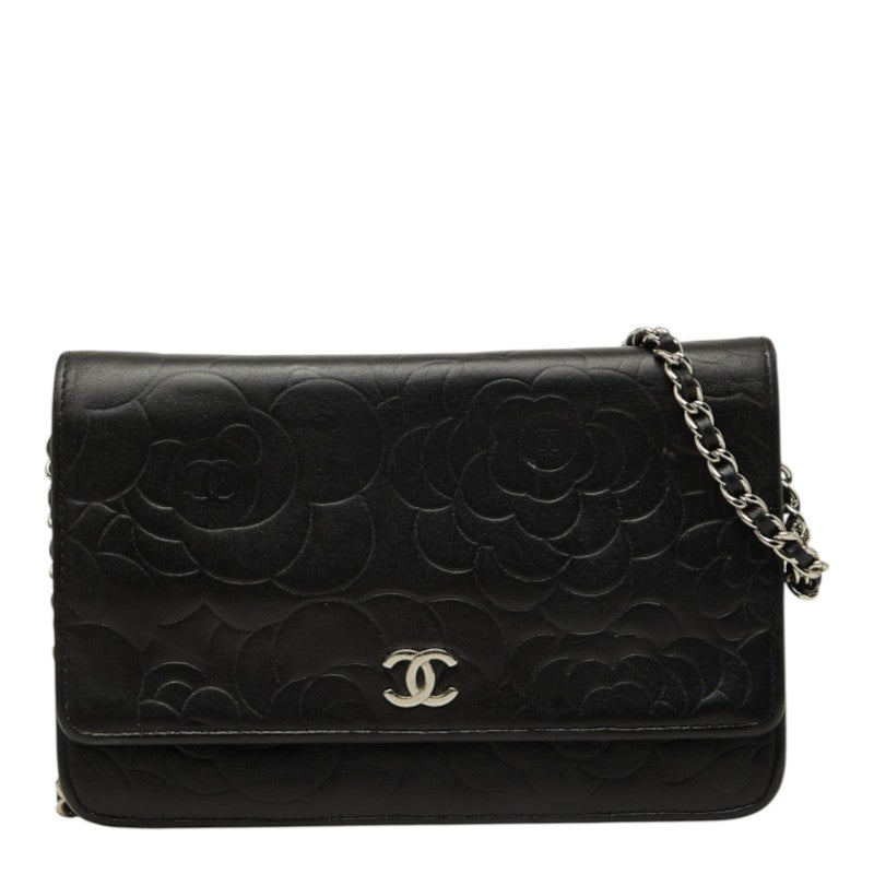 シャネル カメリア ココマーク チェーン ショルダーバッグ ウォレット ブラック ラムスキン レディース CHANEL 【中古】