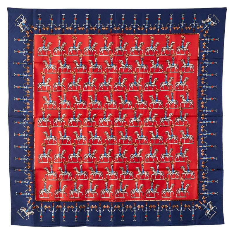 エルメス カレ90 ARTIFICIERS 花火師 スカーフ レッド ネイビー マルチカラー シルク レディース HERMES 【中古】
