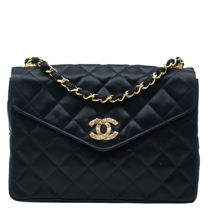 シャネル マトラッセ ココマーク ビジュー 斜め掛け チェーン ショルダーバッグ ブラック サテン レディース CHANEL 中古