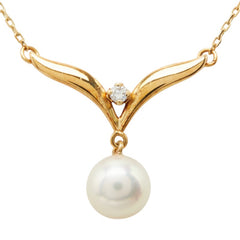 ミキモト K18YG イエローゴールド 750 ダイヤモンド パール7.4mm ネックレス レディース MIKIMOTO 中古