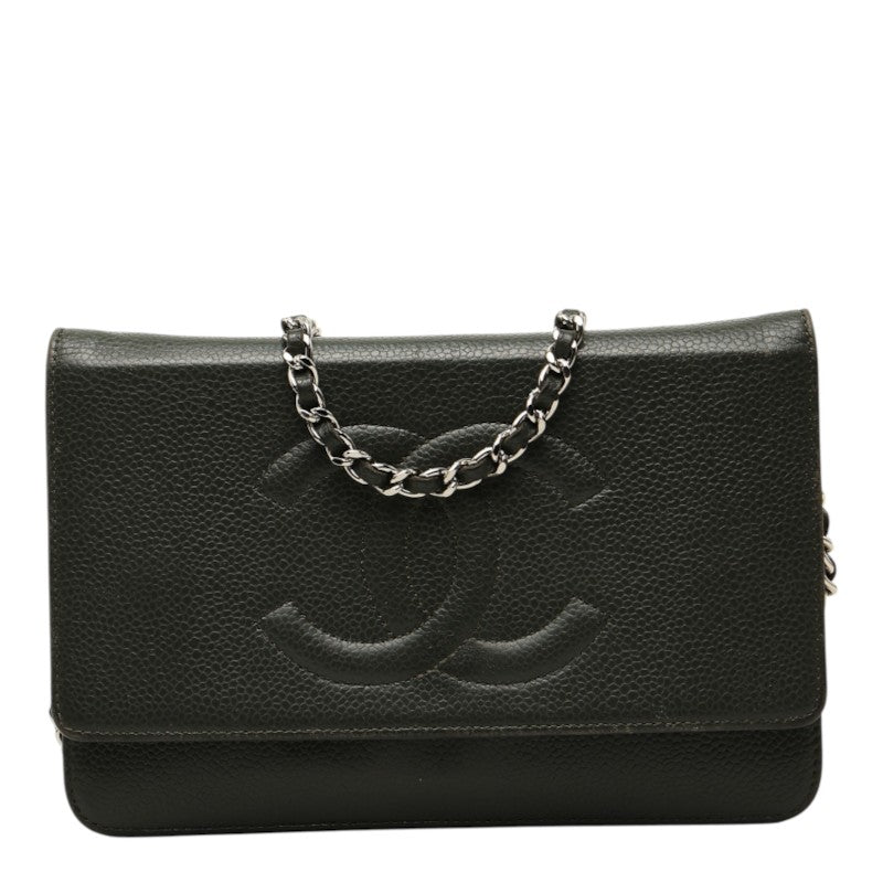 シャネル ココマーク チェーン ショルダーバッグ 斜めかけ カーキグリーン グリーン系 キャビアスキン レディース CHANEL 中古