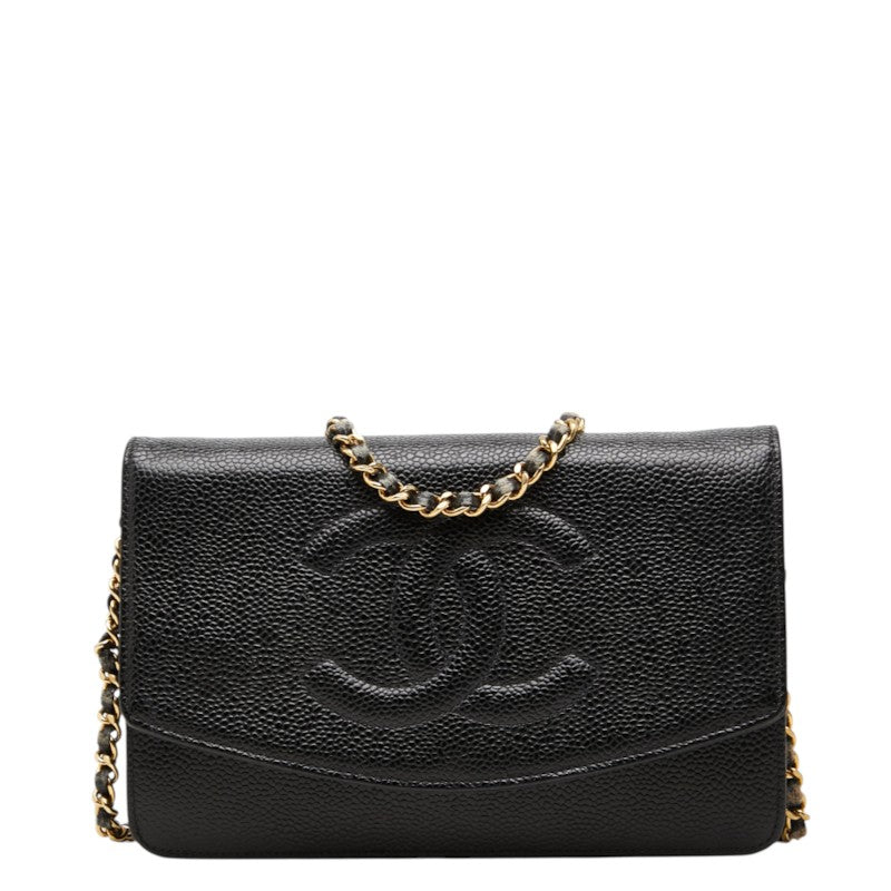 シャネル ココマーク 斜め掛け チェーンウォレット ショルダーバッグ ブラック キャビアスキン レディース CHANEL 中古