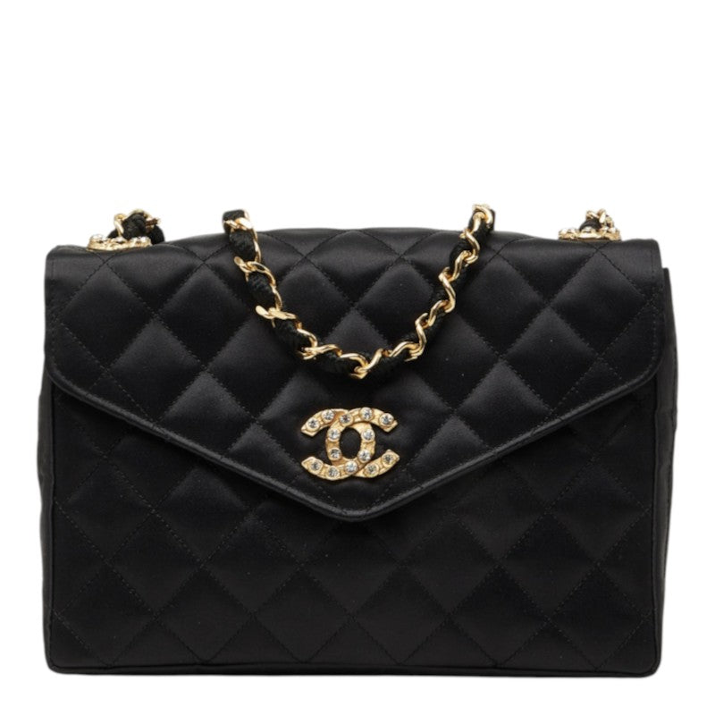 シャネル ココマーク マトラッセ チェーン ショルダーバッグ ブラック ゴールド ラインストーン シルクサテン レディース CHANEL 中古