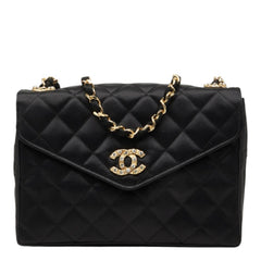 シャネル ココマーク マトラッセ チェーン ショルダーバッグ ブラック ゴールド ラインストーン シルクサテン レディース CHANEL 中古