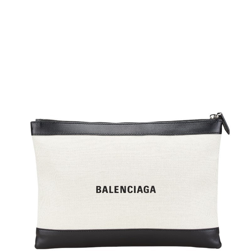 バレンシアガ ネイビークリップM クラッチバッグ 373834 ベージュ ブラック キャンバス レザー レディース BALENCIAGA 【中古】