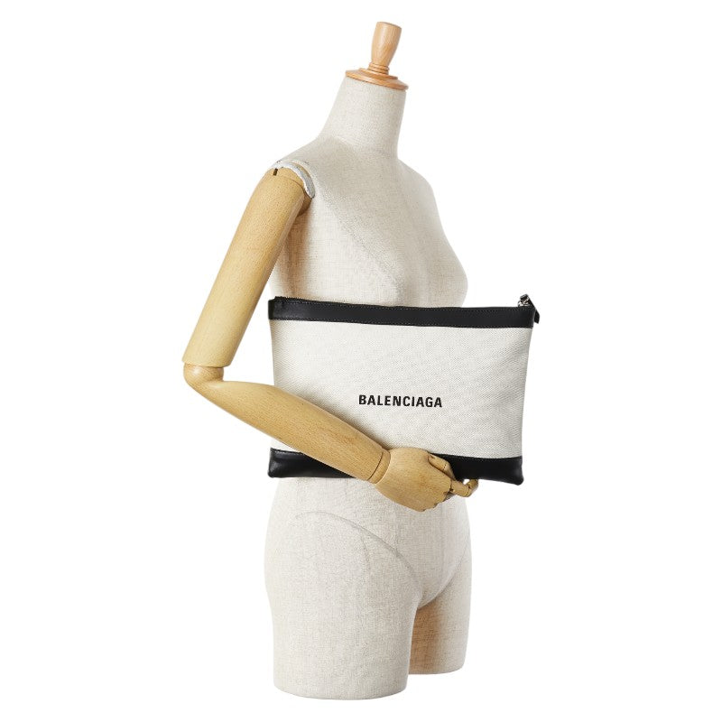 バレンシアガ ネイビークリップM クラッチバッグ 373834 ベージュ ブラック キャンバス レザー レディース BALENCIAGA 【中古】