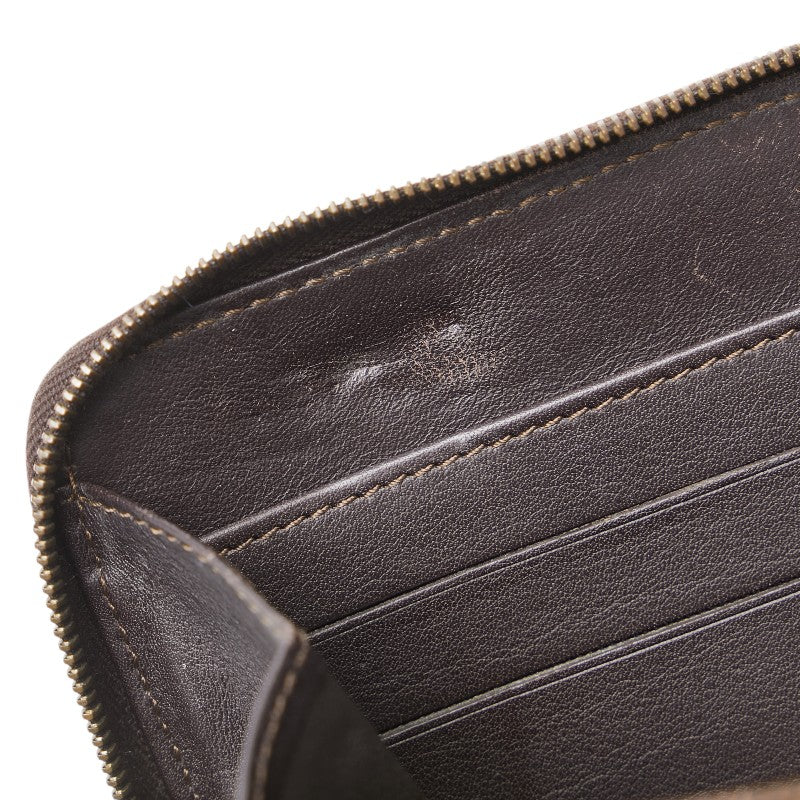 セリーヌ マカダム ラウンドファスナー 長財布 ベージュ ブラウン キャンバス レザー レディース CELINE 【中古】