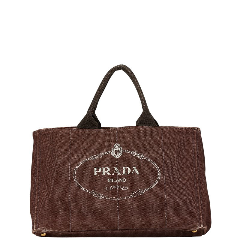 プラダ 三角ロゴプレート カナパL ハンドバッグ トートバッグ ブラウン キャンバス レディース PRADA 【中古】