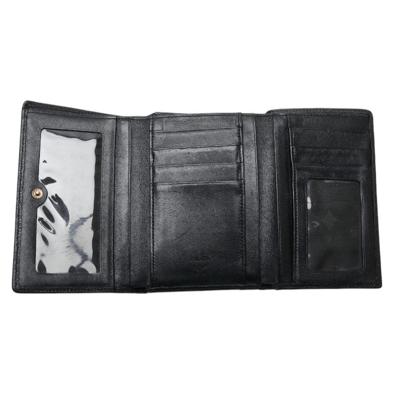 エム シー エム ロゴ金具 三つ折り財布 ブラック レザー レディース MCM 【中古】