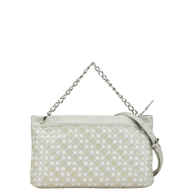 ワコー 編み込み チェーン ハンドバッグ ショルダーバッグ 2WAY グレー ベージュ レザー エナメル レディース WAKO 【中古】