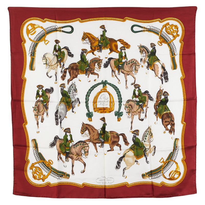エルメス カレ90 REPRISE 乗馬風景 スカーフ ワインレッド マルチカラー シルク レディース HERMES 【中古】