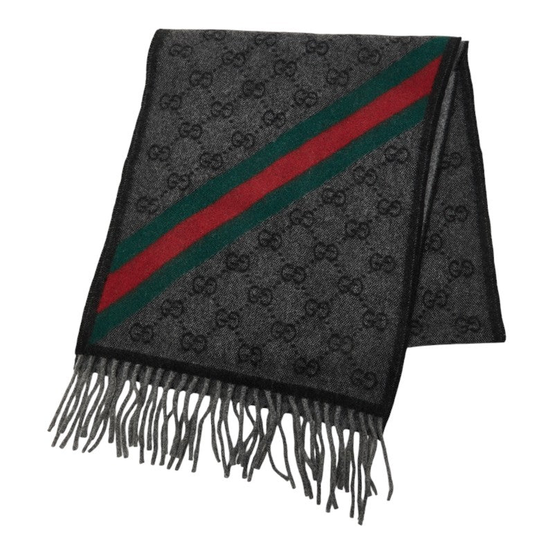 グッチ シェリーライン GGロゴ ジャカード マフラー 570603 グレー ウール レディース GUCCI 中古