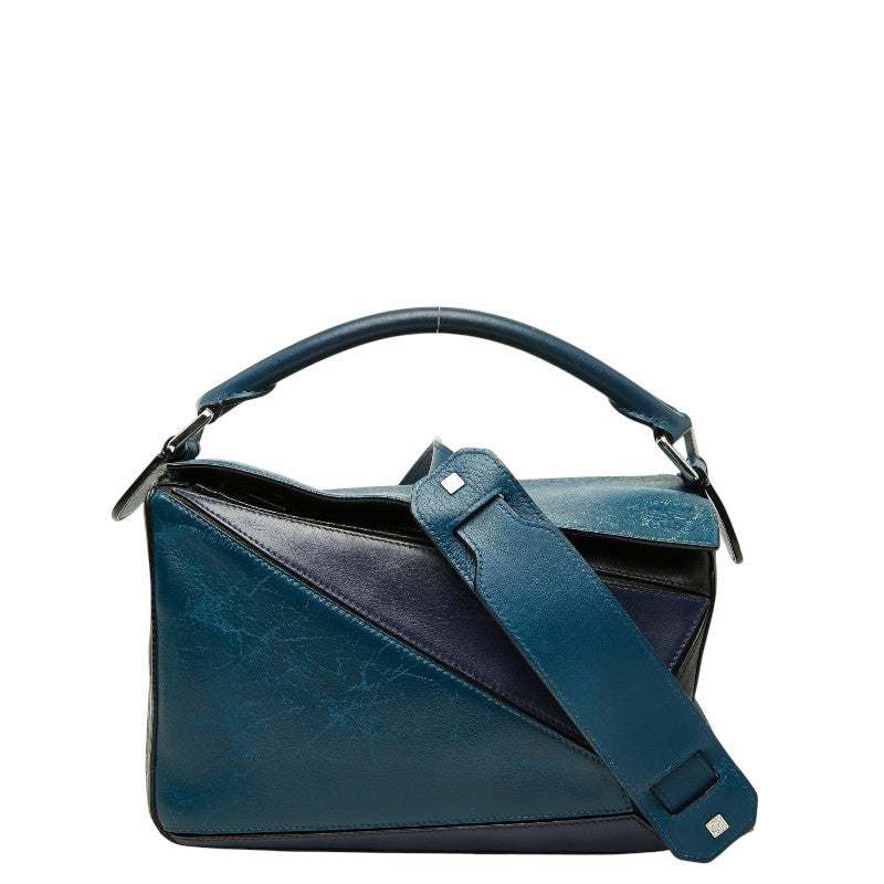 ロエベ アナグラム パズル スモール ハンドバッグ ショルダーバッグ 2WAY ネイビー パープル バイカラー レザー レディース LOEWE 【中古】