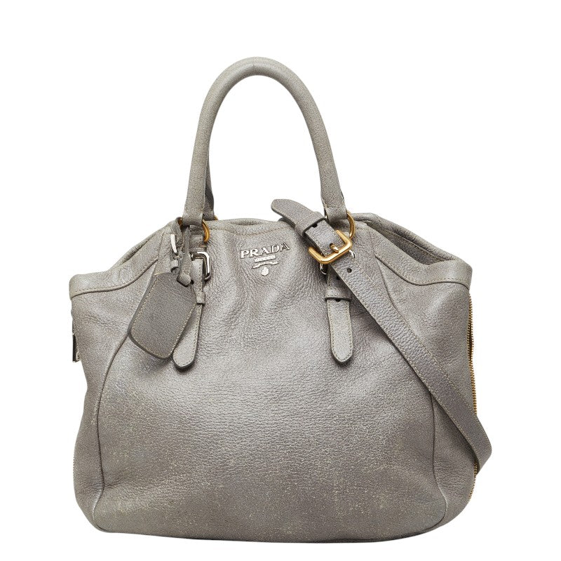 プラダ ロゴ トートバッグ ショルダーバッグ 2WAY BN1695 シルバー グレー レザー レディース PRADA 【中古】