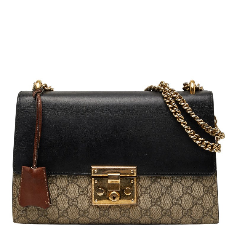 グッチ GGスプリーム パドロック チェーン ショルダーバッグ 409486 ベージュ ブラック レザー PVC レディース GUCCI 【中古】