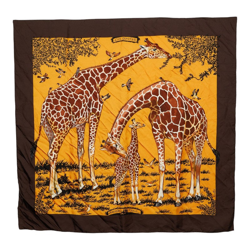 エルメス カレ90 Les Girafes レ ジラフ スカーフ 大判 イエロー系 ブラウン シルク レディース HERMES 【中古】