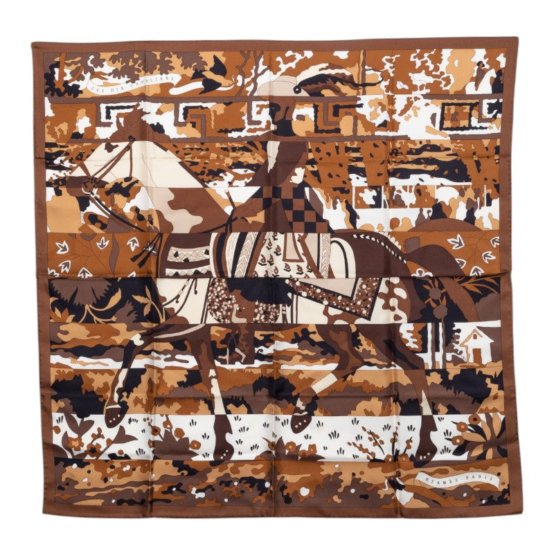 エルメス カレ90 LES DIX CAVALIERS 10人の騎士 スカーフ ブラウン ブラック シルク レディース HERMES 【中古】