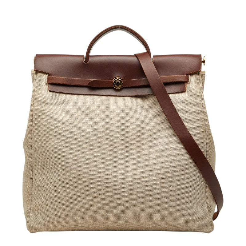 エルメス エールバッグMM ハンドバッグ ショルダーバッグ 2WAY ベージュ ブラウン ゴールド金具 トワルアッシュ レザー レディース HERMES 【中古】