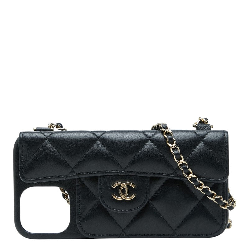 シャネル ココマーク マトラッセ チェーンショルダー iPhone 13/14 ケース ブラック ゴールド ラムスキン レディース CHANEL 【中古】