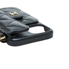 シャネル ココマーク マトラッセ チェーンショルダー iPhone 13/14 ケース ブラック ゴールド ラムスキン レディース CHANEL 【中古】