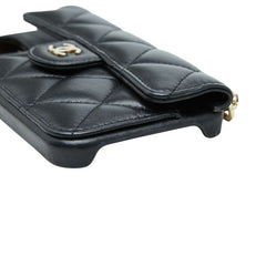 シャネル ココマーク マトラッセ チェーンショルダー iPhone 13/14 ケース ブラック ゴールド ラムスキン レディース CHANEL 【中古】