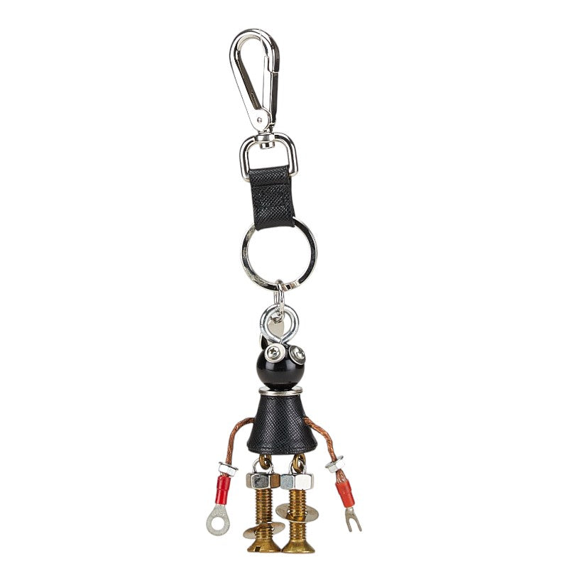 プラダ ロボット サフィアーノ チャーム キーホルダー キーリング ブラック マルチカラー メタル レザー レディース PRADA 【中古】