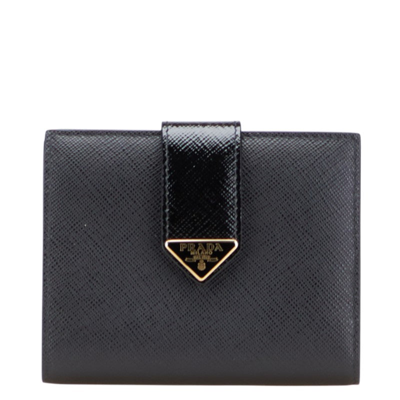 プラダ 三角ロゴプレート 二つ折り財布 ブラック サフィアーノ レザー レディース PRADA 【中古】