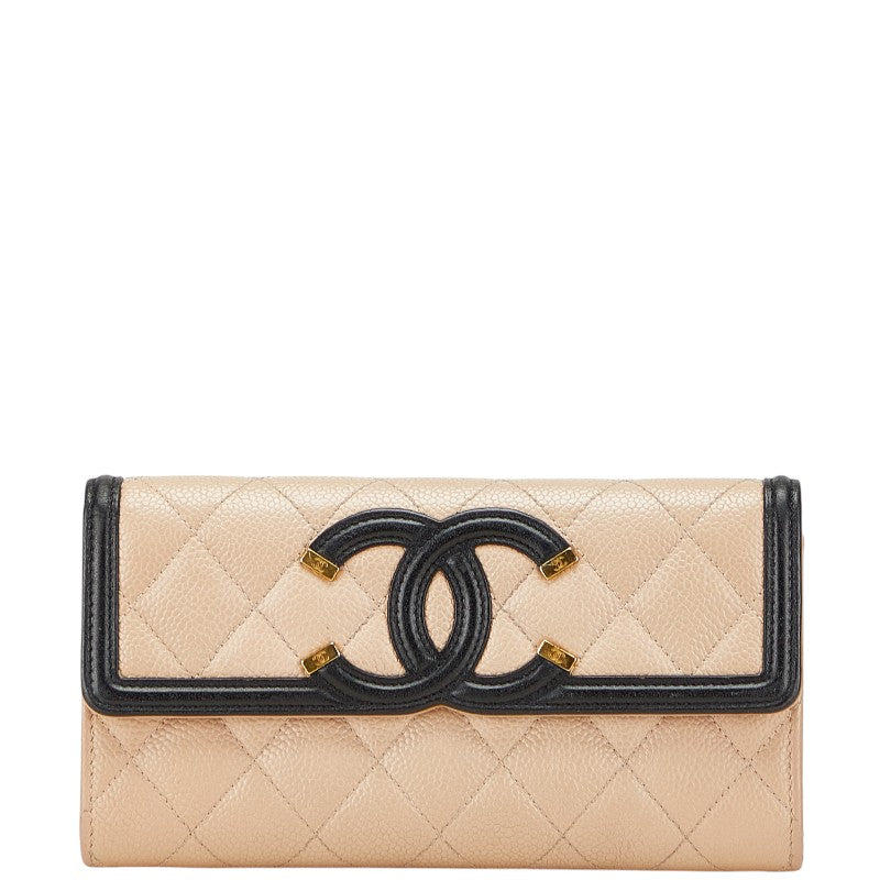 シャネル マトラッセ CCフィリグリー 長財布 ベージュ ブラック キャビアスキン レディース CHANEL 【中古】