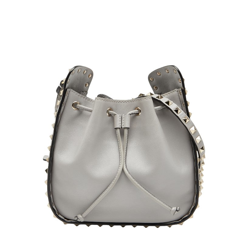 ヴァレンティノ ロックスタッズ 巾着バッグ ショルダーバッグ グレー レザー レディース VALENTINO 【中古】