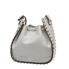 ヴァレンティノ ロックスタッズ 巾着バッグ ショルダーバッグ グレー レザー レディース VALENTINO 【中古】