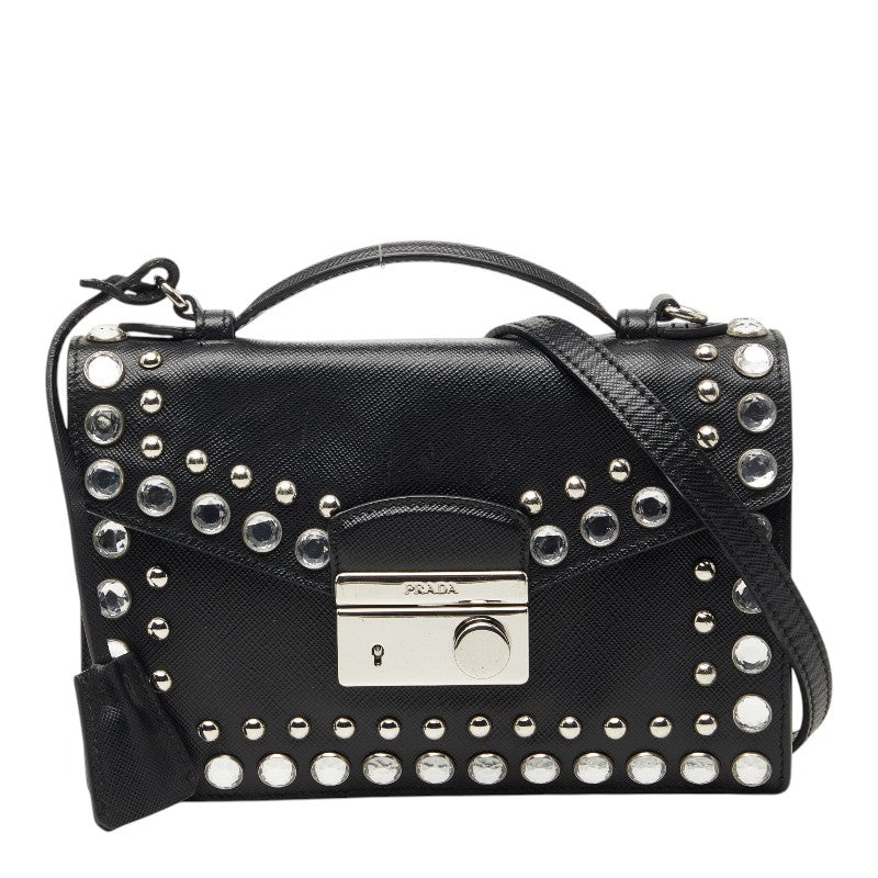 プラダ スタッズ ハンドバッグ ショルダーバッグ 2WAY ブラック サフィアーノレザー/ビジュー レディース PRADA 【中古】