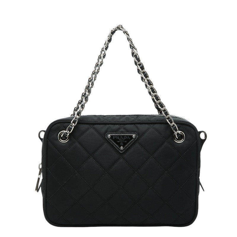 プラダ 三角ロゴプレート チェーン キルティング ハンドバッグ 1BH910 ブラック ナイロン レディース PRADA 【中古】